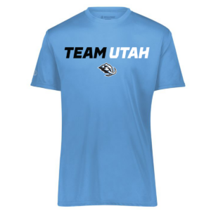 Team Utah performance tee, horizontal logo, Columbia blue