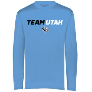 Team Utah long sleeve performance tee, horizontal logo, Columbia blue